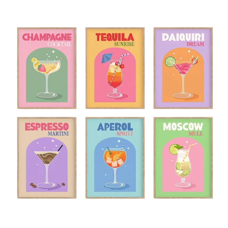 Affiches cocktails en lot avec motifs colorés et décoration murale moderne pour la maison ou le bar