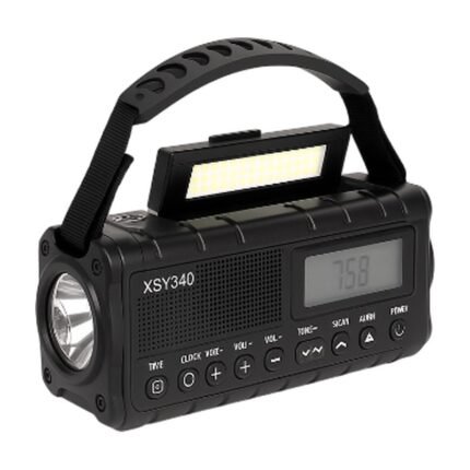 Radio d’urgence vert foncé, orange, rouge et noir avec lampe torche, lampe de travail et batterie externe