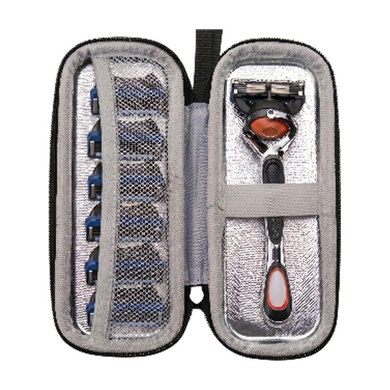 Boîte de rangement pour rasoir bleu marine et grise avec place pour le manche et des lames supplémentaires