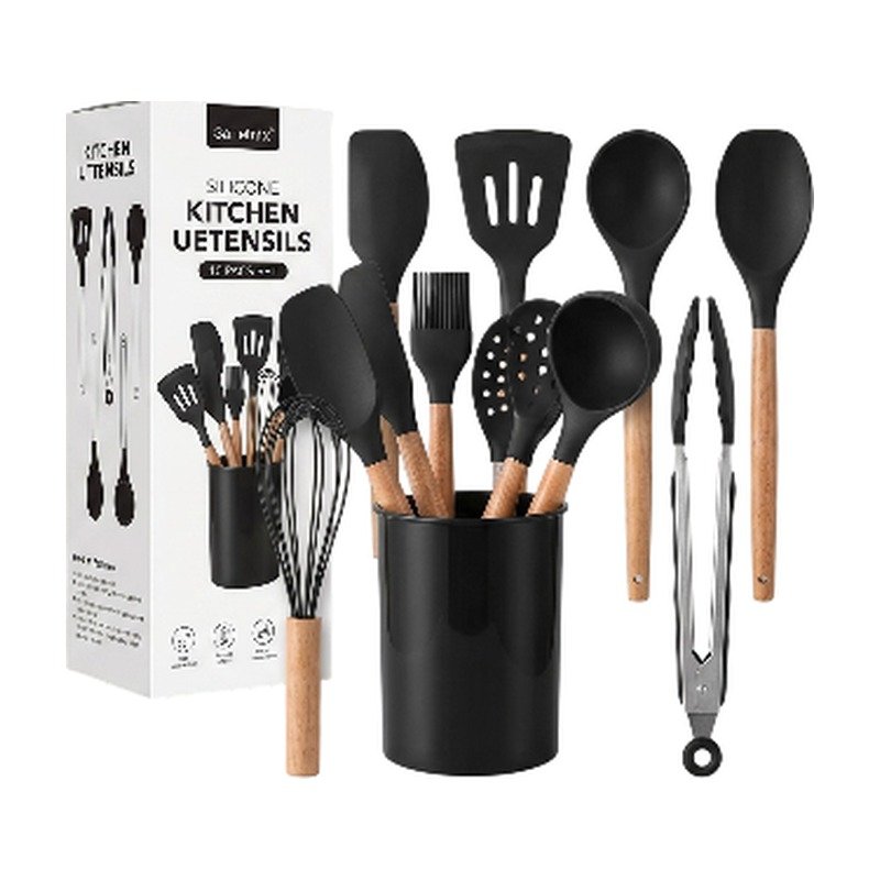 Set d’ustensiles de cuisine en silicone noir, vert et rouge avec support pour cuisiner et pâtisser