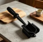 Couperet noir posé sur une table de cuisine en pierre à côté d’une planche en bois