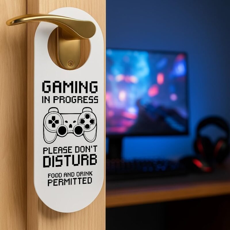 Accroche-porte « Gaming in progress » sur une poignée de porte avec une installation de jeu derrière