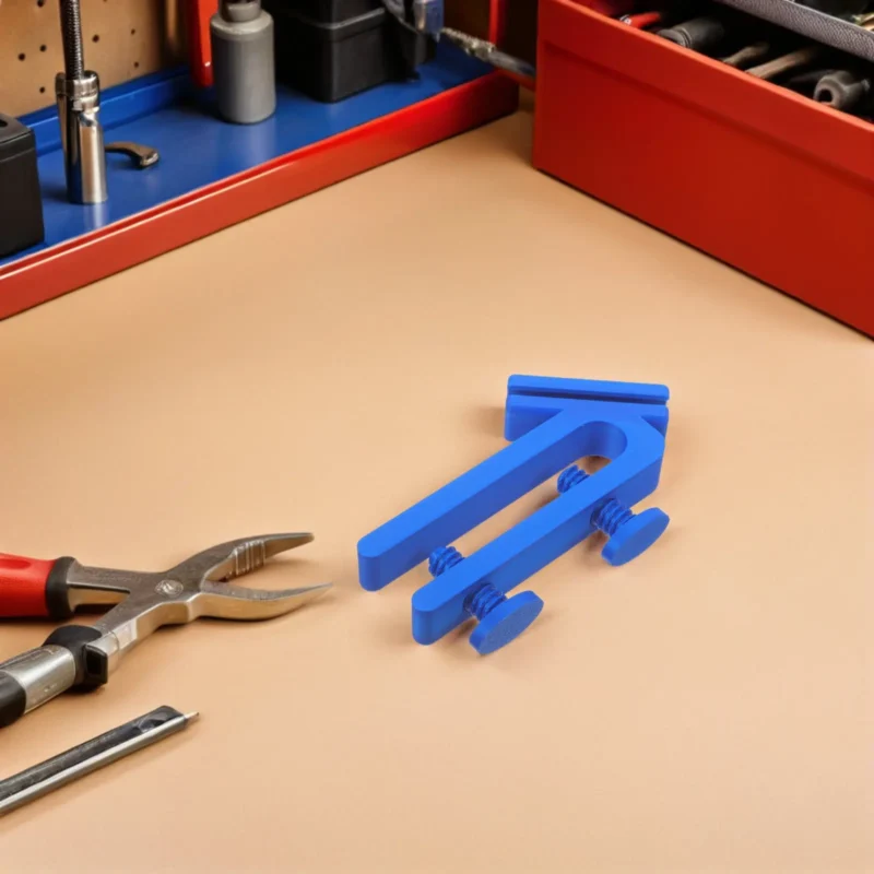 Clip support de tuyau bleu posé sur un établi à côté d’une pince et d’une boîte à outils