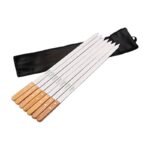 Lot de 6 brochettes pour barbecue en acier inoxydable, plates, avec manche en bois et sac de rangement pour kebabs et grillades