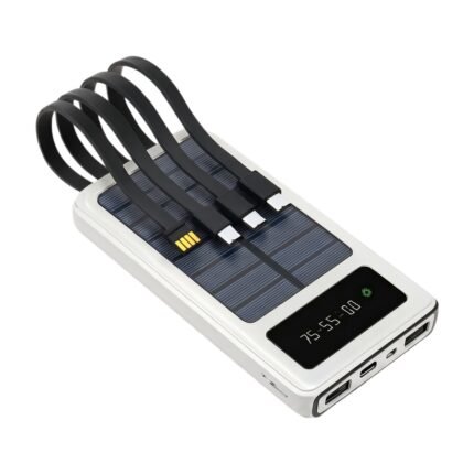 Batterie externe solaire 20000 mAh avec 4 câbles et écran LED pour recharger plusieurs appareils