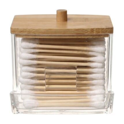 Porte-cotons-tiges en acrylique avec couvercle en bambou pour un rangement organisé et protégé de la poussière dans la salle de bain