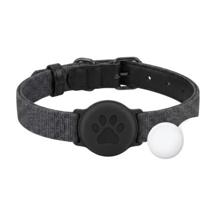 Collier pour chien gris en tissu avec support patte en silicone pour balises Bluetooth rondes