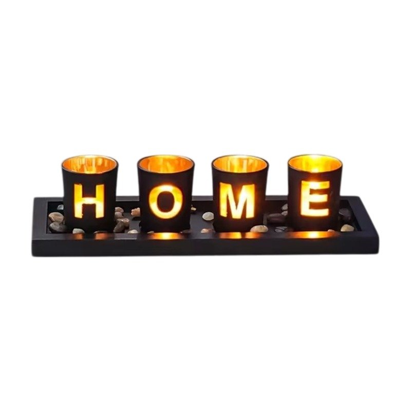 Set de photophores lettres HOME avec plateau en bois – 4 pièces