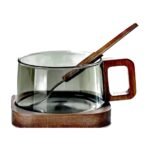 Tasse à café en verre avec anse en bois, plateau et cuillère – 200 ml – Gris