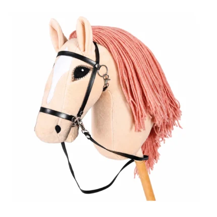 Cheval bâton palomino clair avec liste blanche, crinière corail et bride noire